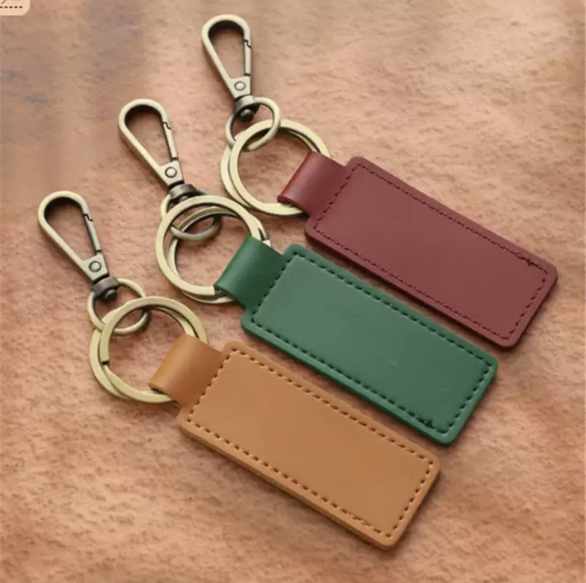 Rectangular Leather Tag Keychain, Stitched Blank Design with Clip, Seven Color Options