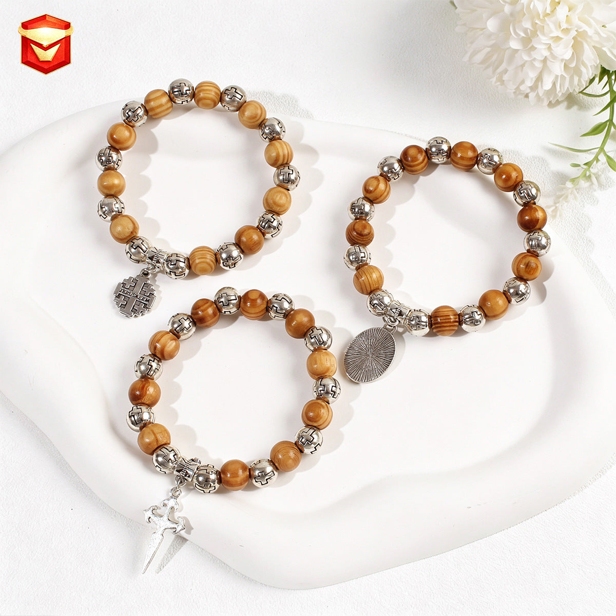 Wooden Bead Stretch Bracelet, 10 mm Beads with Cross and Religious Charm Design Options - Product view 1