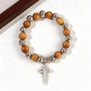 Wooden Bead Stretch Bracelet, 10 mm Beads with Cross and Religious Charm Design Options - Cross