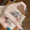 Open Ring for Women, Antique Silver-Tone Leaf Branch or Floral Band Design