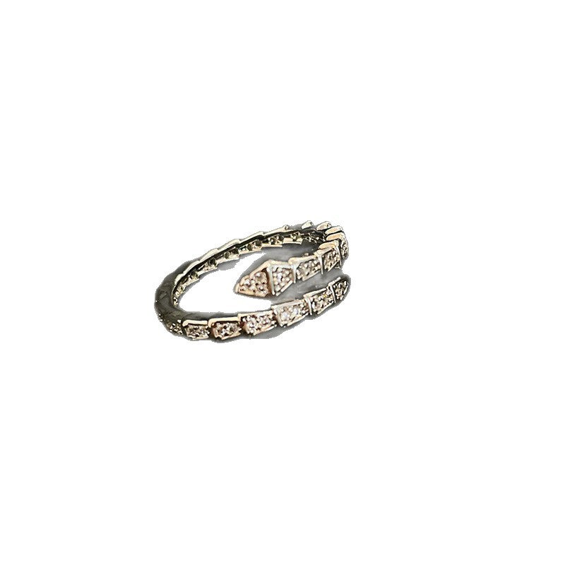Snake Open Ring, Copper with Clear Accents, Silver-Tone Coiled Design, Adjustable