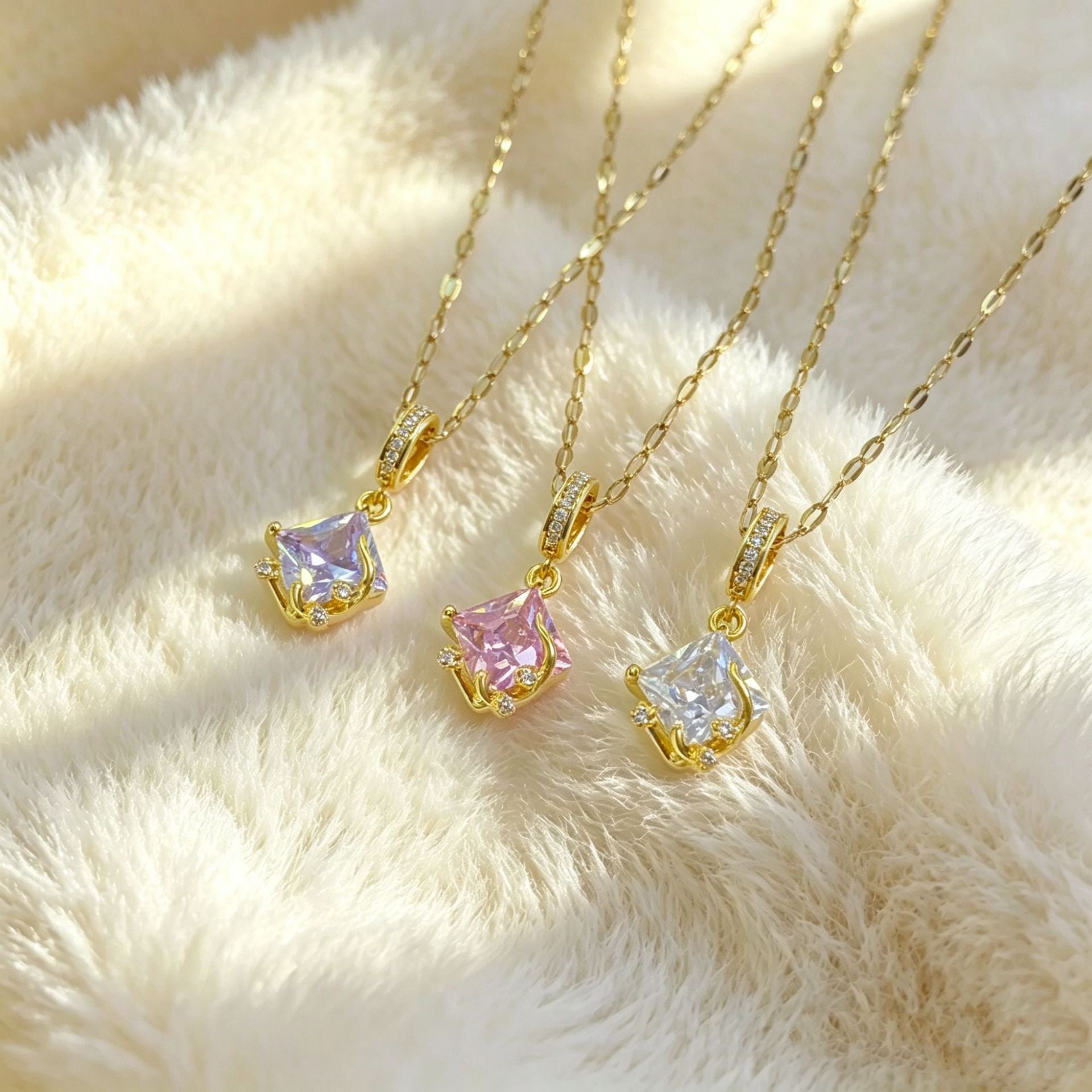 Round Sparkling Pendant Necklace for Women, Copper Pendant on Titanium Steel Chain, White, Pink or Purple - Product view 1