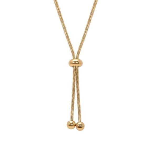 Gold-tone adjustable snake chain lariat necklace with round beads