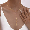 Y-Shaped Tassel Necklace for Women, Gold-Tone Titanium Steel Long Chain with Round Bead and Bar Details - Square necklace / 18k