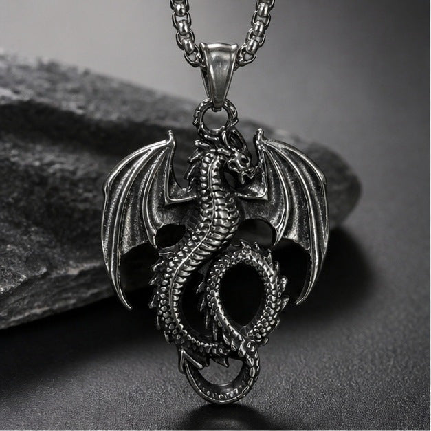 Dragon Pendant, Vintage-Inspired Stainless Steel Design, Pendant Only or with 60 cm Chain - With 3x60cm necklace