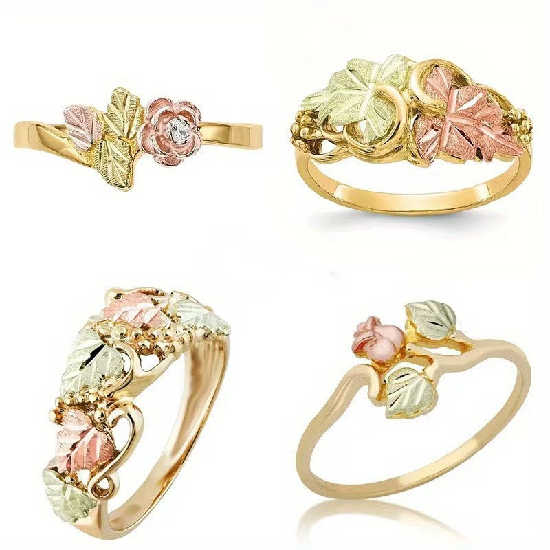 Leaf and Rose Rings, Alloy, Gold-Tone with Pink and Green Details, Individual Styles or 4-Piece Set