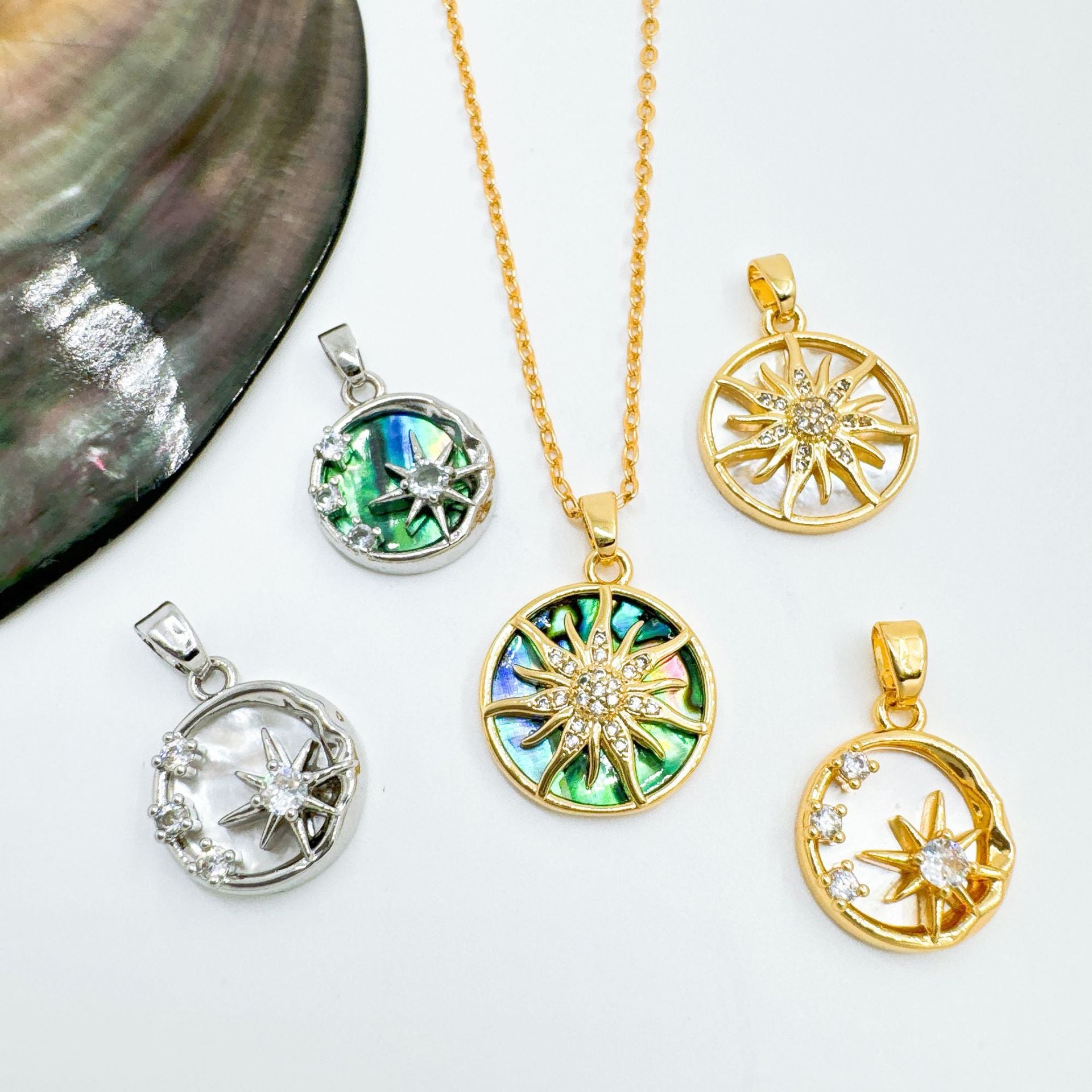 Sun Pendant Charms, Copper Designs with White Shell-Style and Abalone-Style Accents, Pendant Only - Product view 1