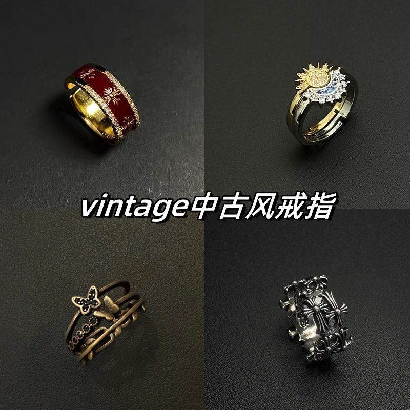 Vintage-Style Statement Ring, Assorted Enamel Cross, Sun-and-Moon and Ornate Band Designs
