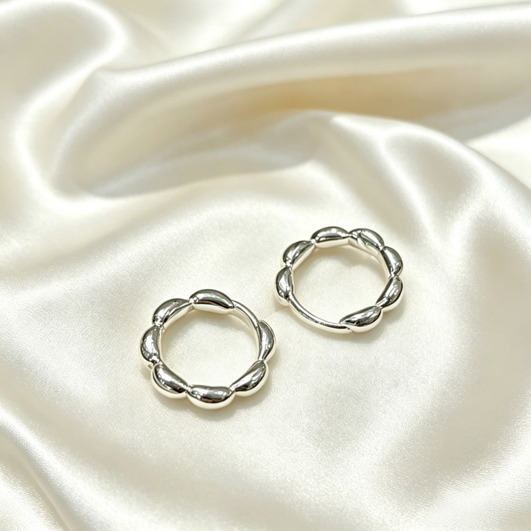 Rice-Grain Hoop Earrings, Silver-Tone Copper Design with Seven Bead Details, 16 mm Diameter - Product view 1