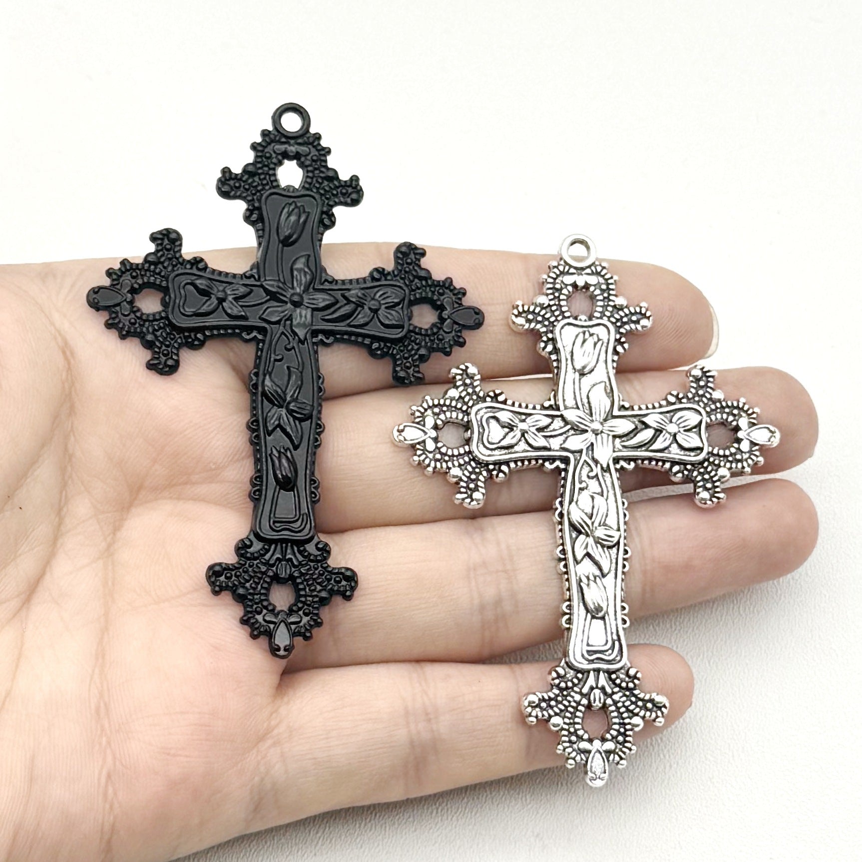 Flower Vine Cross Pendant, Vintage-Inspired Alloy Design in Antique Silver, Gunmetal or Silver Tone - Product view 1