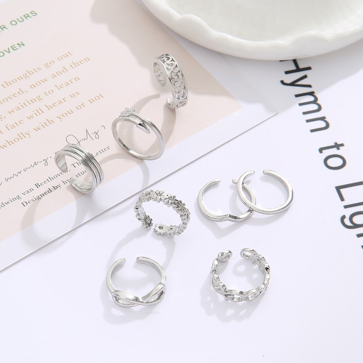 Toe Ring Set for Women, 8-Piece Silver-Tone Open Bands with Floral, Wave and Geometric Designs