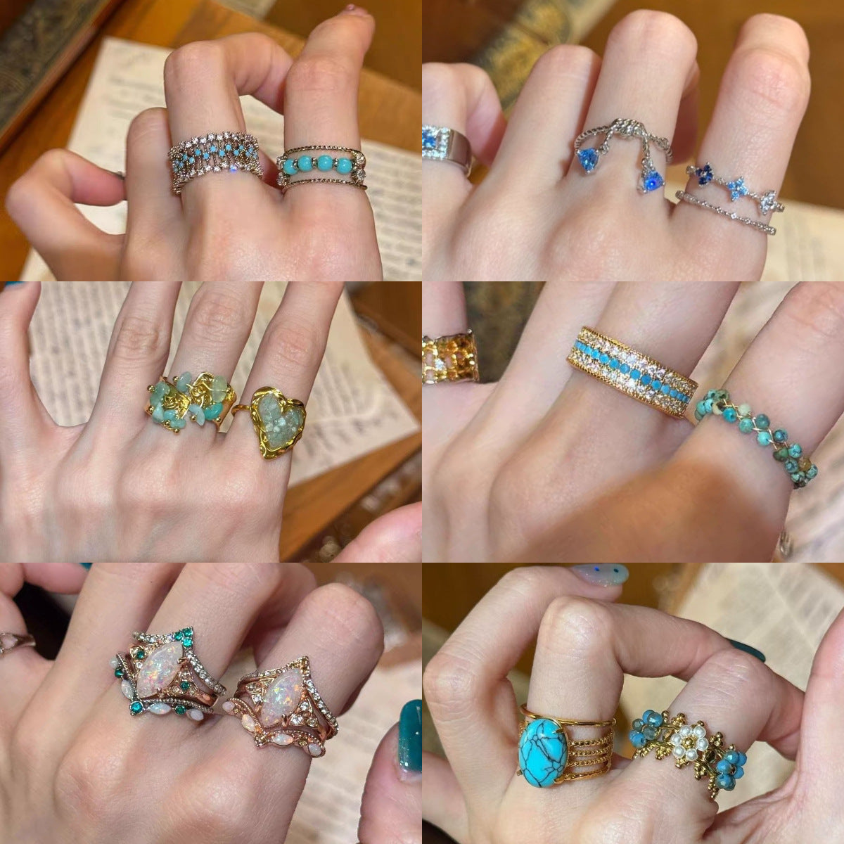 Statement Ring for Women, Assorted Blue, Green and Clear Accent Designs with Vintage-Style Settings