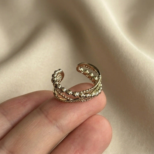 Crossover Open Ring for Women, Antique Gold-Tone Layered Bands with Beaded Edges