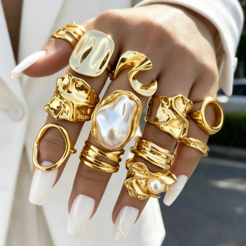 Statement Geometric Rings for Women, Irregular Metal Bands in Gold-Tone or Silver-Tone Designs - Golden F-00090