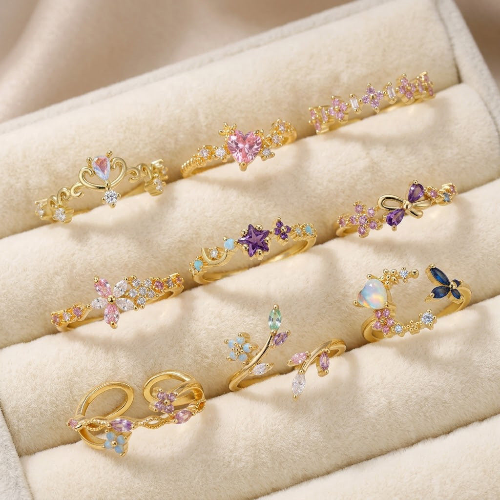 Floral and Celestial CZ Ring, Copper with Gold-Tone or Silver-Tone Finish, Adjustable, 20 Style Options