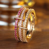 Triple-Band Ring, Copper with Pink and Yellow Cubic Zirconia, Gold-Tone, Sizes No. 6-10