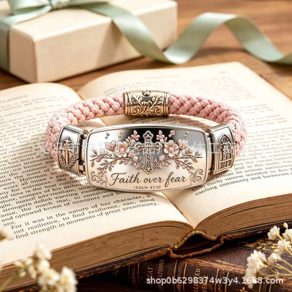 Woven Bracelet with Silver-Tone Decorative Center, Metal and Cord Design in Yellow, Pink, Blue or Green - Product view 1