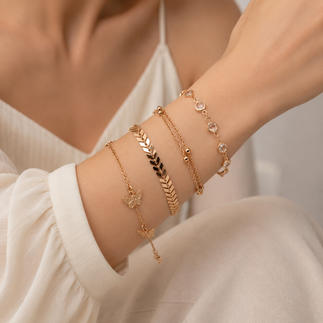 Bracelet Set for Women, Gold-Tone Alloy Chains with Mixed Geometric Charm Designs - Gold