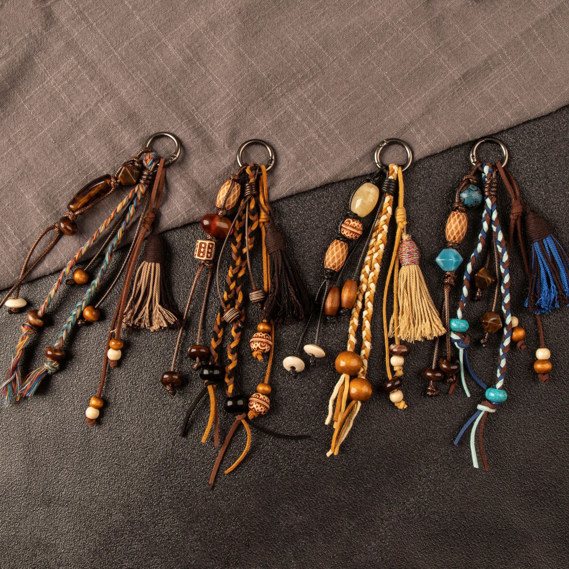 Beaded Tassel Keychain, Braided Cords with Decorative Beads, 7 Color Combinations
