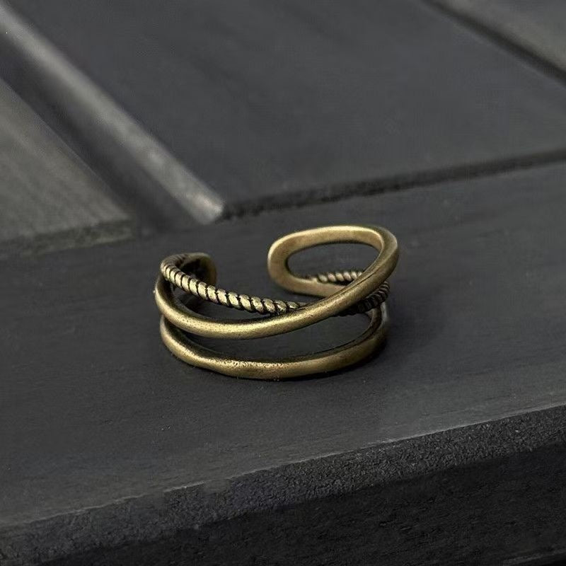 Antique Gold-Tone Open Ring, Layered Crossover Bands with Rope-Texture Detail