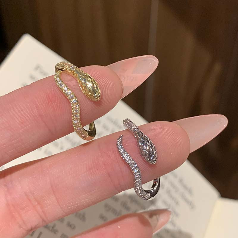 Snake Ring, Alloy with Clear Accents, Adjustable Open Band in Gold or Silver Tone