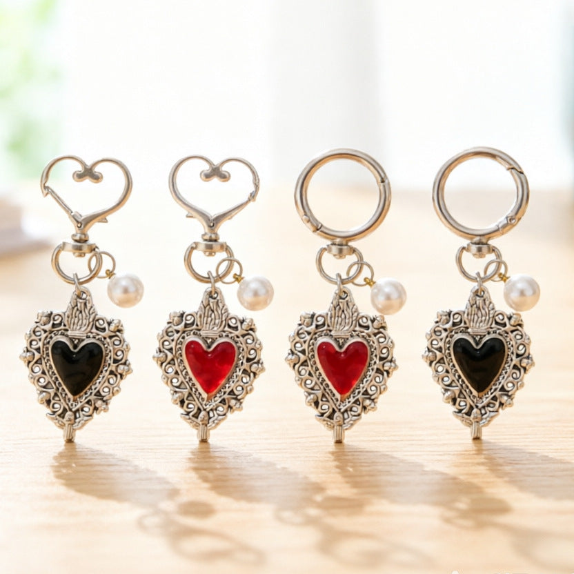 Heart Keychain, Alloy with Red or Black Inlay and Pearl-Look Bead, Heart or Round Clasp