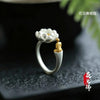 Lotus Flower Open Ring for Women, Silver-Tone Band with Gold-Tone Seated Figure Accent