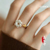 Lotus Flower Open Ring for Women, Silver-Tone Band with Gold-Tone Seated Figure Accent