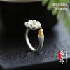 Lotus Flower Open Ring for Women, Silver-Tone Band with Gold-Tone Seated Figure Accent