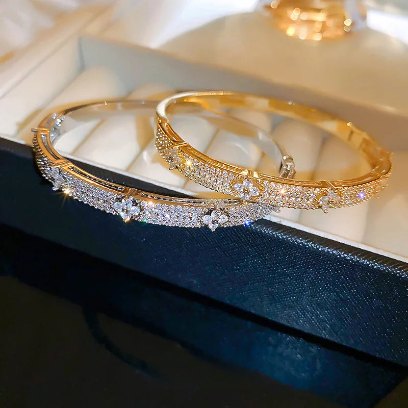 Shiny Cubic Zirconia Embellished Gold Silver Plated Bangle Bracelets for Women Party Wedding Daily Wear Jewelry - Image 1