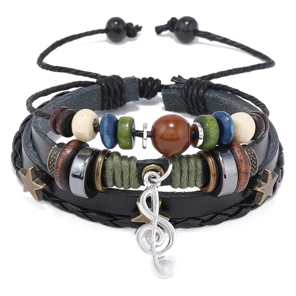 Multi-Layer Beaded Cord Bracelet, Woven Bands with Musical Note Pendant in Black or Brown - Product view 1