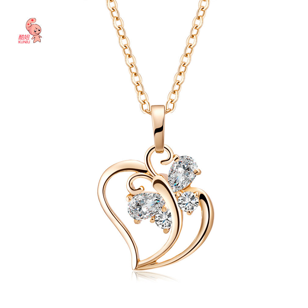 Heart Pendant for Women, Copper Design with Sparkling Zircon Accents in Gold or Silver Tone - Gold White Zirconium