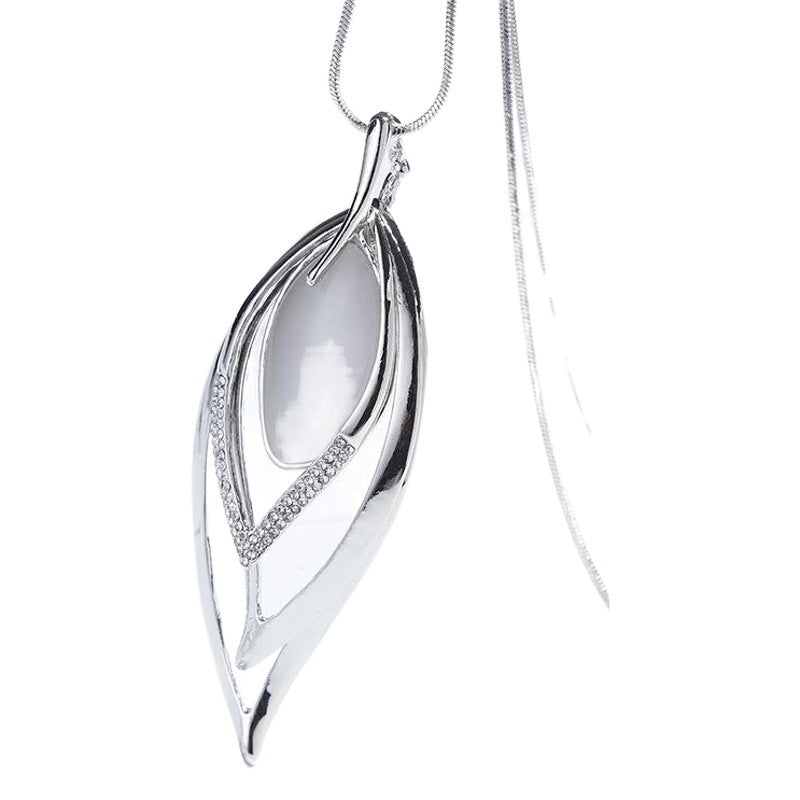 Long Leaf Pendant Necklace for Women, Silver-Tone Alloy Design on a Snake Chain - Product view 1