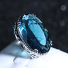 Oval Blue Statement Ring, Brass with Silver-Tone Finish and Openwork Sides, Sizes No. 6-10