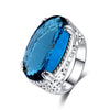 Oval Blue Statement Ring, Brass with Silver-Tone Finish and Openwork Sides, Sizes No. 6-10