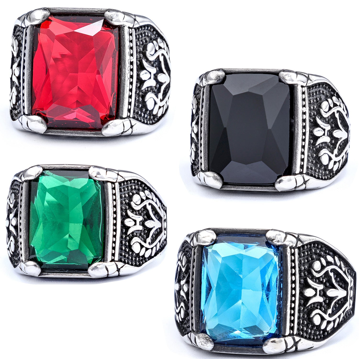 Rectangular Accent Ring, Stainless Steel with Floral Sides, 5 Colors, US Sizes 7-15