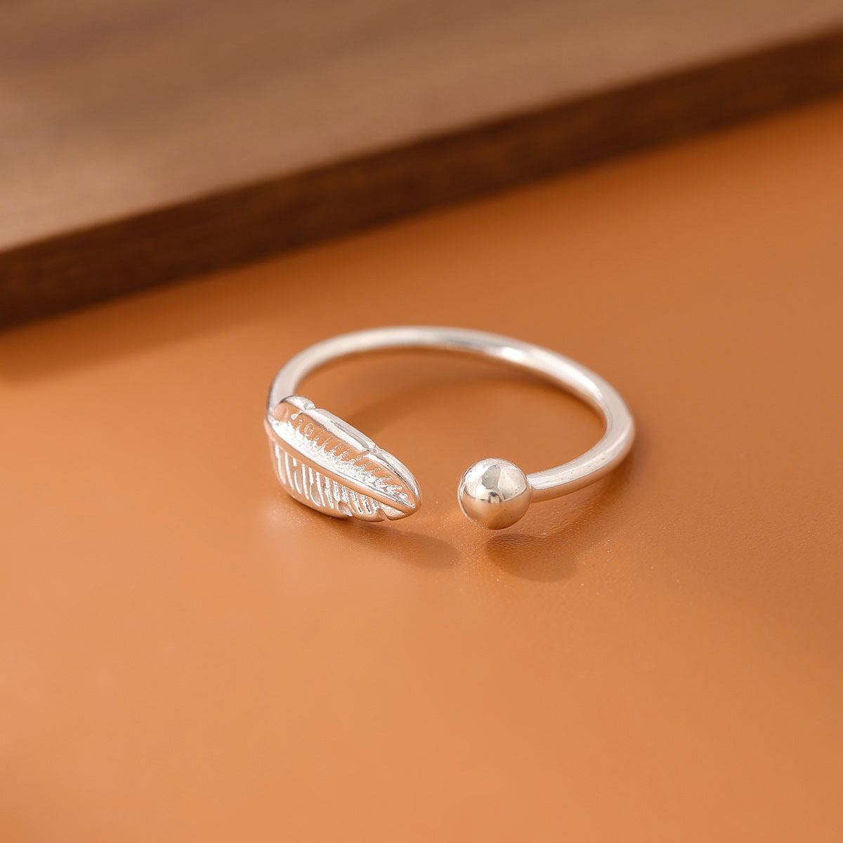 Feather Open Ring, Silver-Plated Copper with Bead End, Adjustable