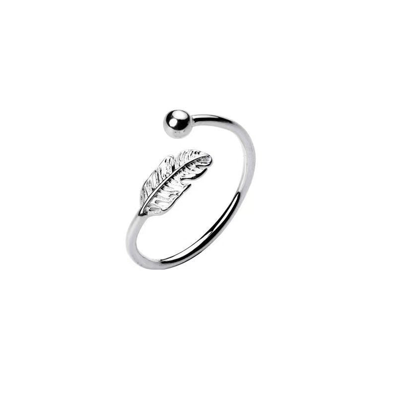 Feather and Bead Ring, 925 Sterling Silver, Adjustable Open Band