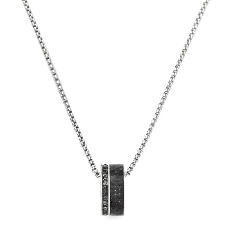 Cylinder Bead Pendant Necklace, Titanium Steel Design with Sparkling Accents in Silver or Rose Gold Tone - Product view 1