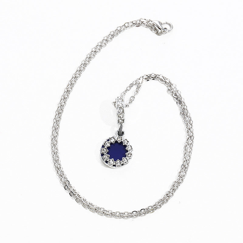 Round Star Pendant Necklace for Women, Silver-Tone Chain with Dark Blue Center and Sparkling Border - X029