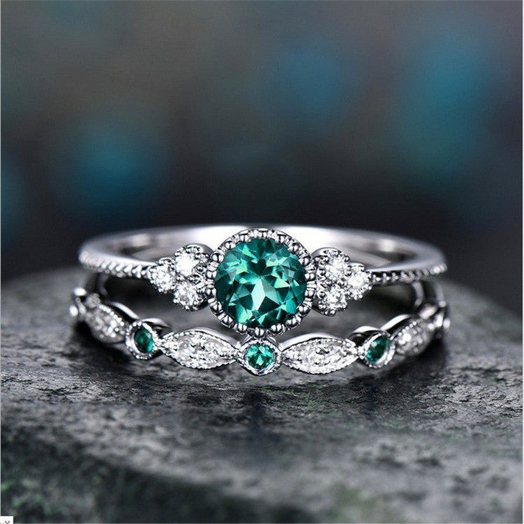Two-Piece Ring Set, Silver-Tone Metal with Colored and Clear Accents, Blue, Green or Purple