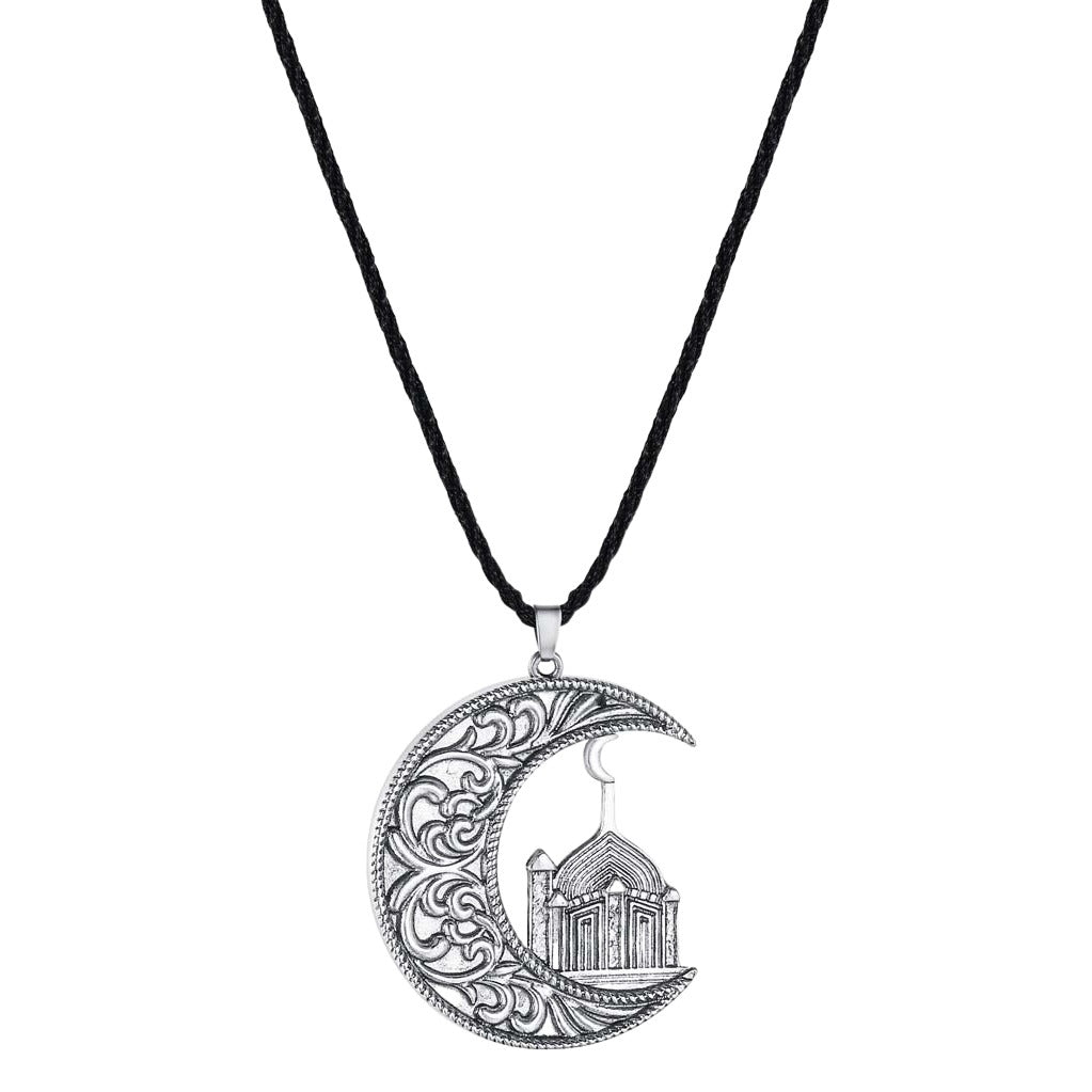 Moon House Pendant Necklace, Vintage-Inspired Alloy Design in Antique Gold or Antique Silver Tone - Product view 1