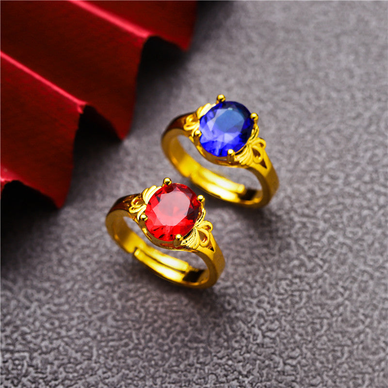 Round Colored Accent Ring, Gold-Plated Brass with Adjustable Opening, Red, Blue, Purple or Green