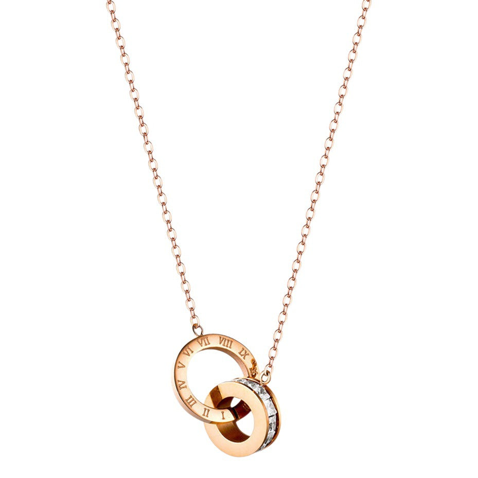 Titanium Steel Pendant Necklace for Women, Interlocking Circle Design in Gold, Silver or Rose Gold Tone - Product view 1