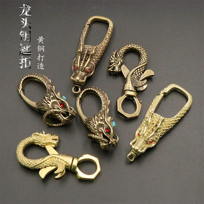 Dragon or Pixiu Keychain Clip, Brass with Colored Eye Accents, Antique or Bright Finish, 4 Designs