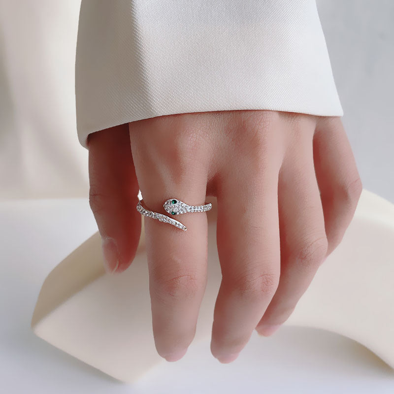 Snake Ring, Stainless Steel with Clear Accents and Green Eyes, Gold-Tone, US Sizes 6-9