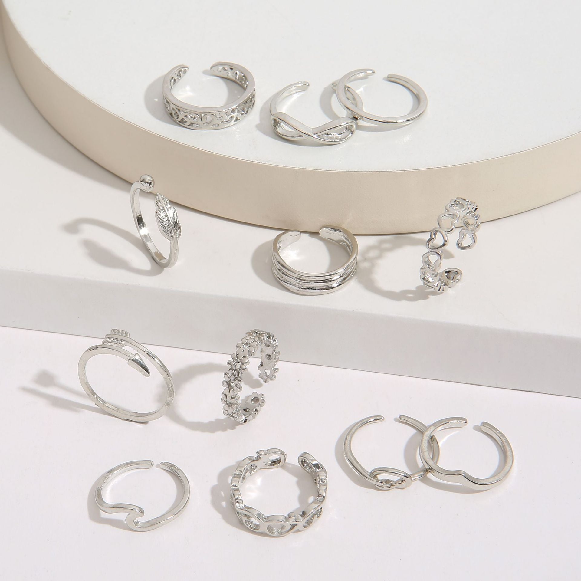 Open Toe Rings for Women, Silver-Tone Alloy Bands with Assorted Geometric Designs - Product view 1