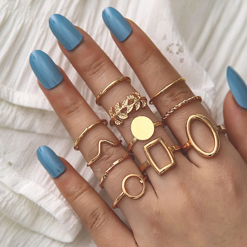 Geometric Ring Set, Alloy, Mixed Leaf and Band Designs in Gold or Silver Tone