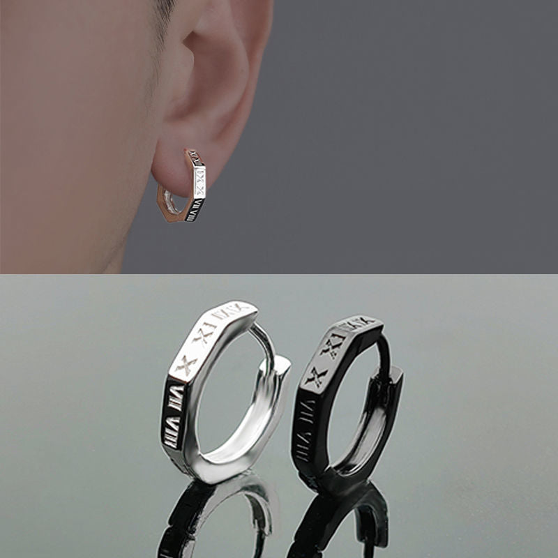 Roman Numeral Hoop Earrings, Copper Design in Antique Silver-Tone or Black Finish - Product view 1
