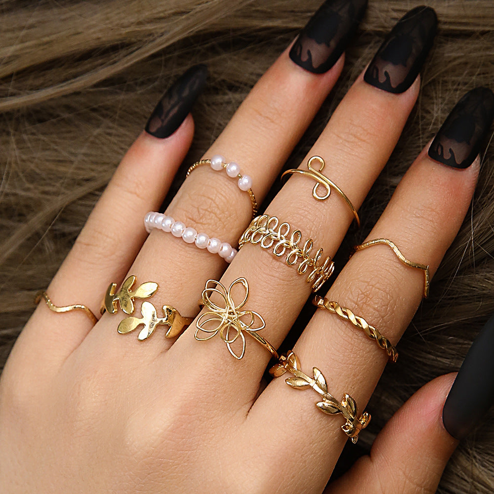 Floral Stacking Ring Set, Alloy with Leaf, Geometric and Faux Pearl Designs, Gold or Silver-Tone, 10 Pieces